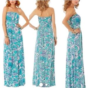 Lilly Pulitzer Holbrook Maxi Dress Sea Foam Blue Paisley Strapless Size S